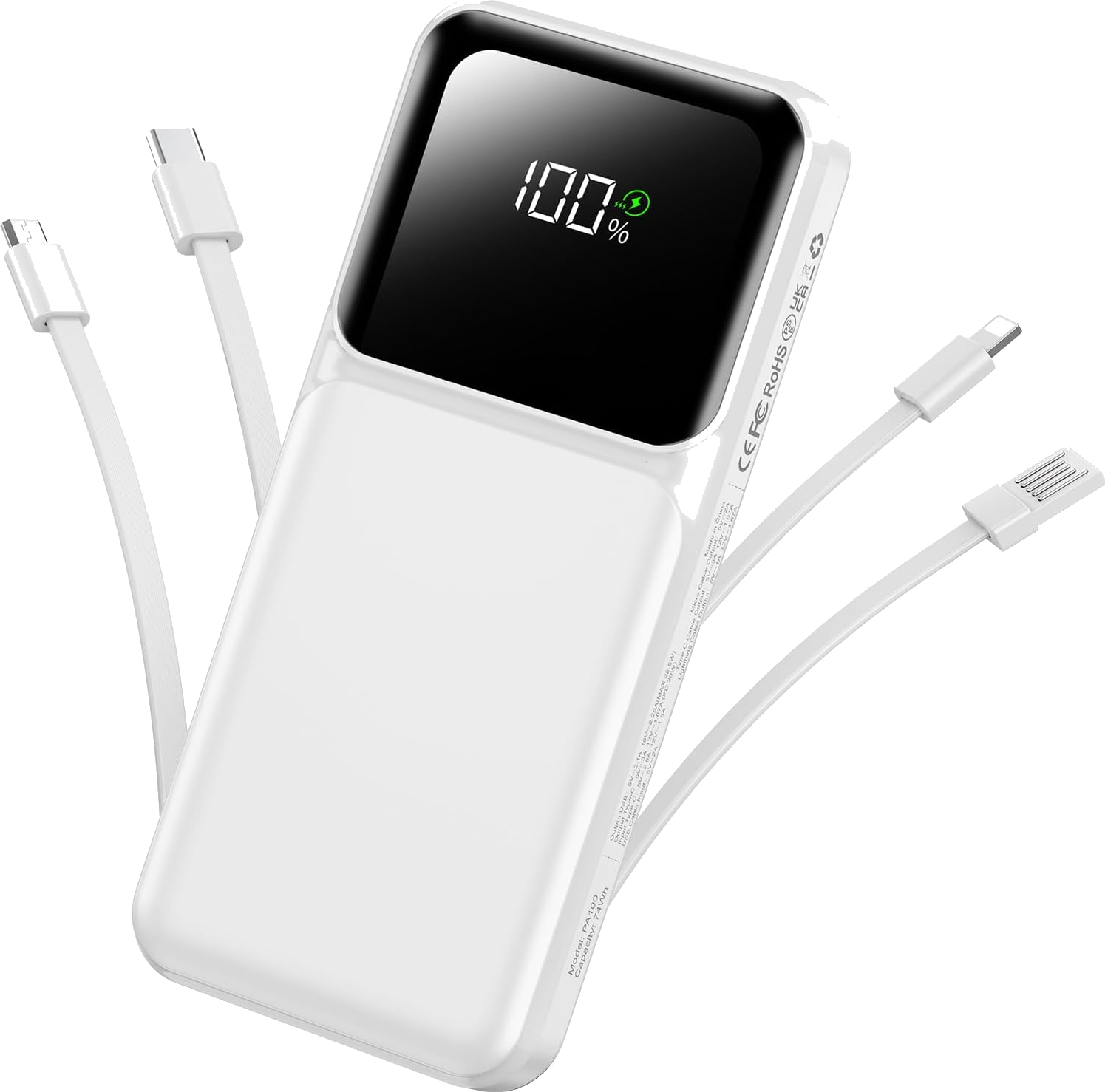 RONEGN power bank in white showing a 100% digital battery display